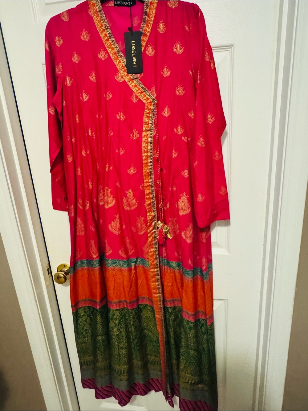 Limelight Fuchsia Red Printed Long Sleeve Maxi Dress with Green & Orange Border
